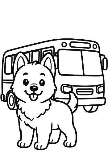 Friendly Becgie Puppy Waiting at a Bus Stop with a Large City Bus Travel Theme Printable