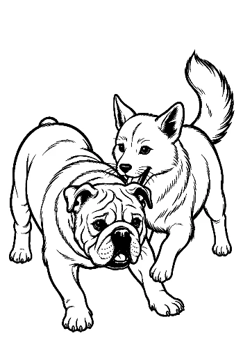 Bulldog Playfully Wrestling Husky Puppy