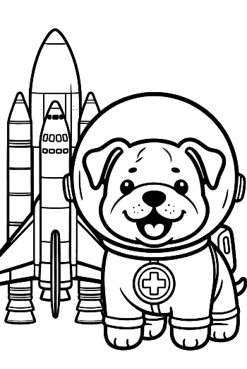 Bulldog Puppy Astronaut Standing by a Rocket Ship Printable