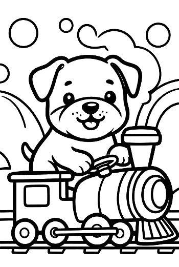 Bulldog Puppy Sitting on a Colorful Steam Train Printable