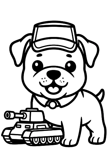 Bulldog Puppy Wearing a Military Cap with a Tank Printable