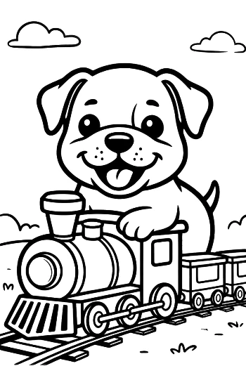 Happy Bulldog Puppy Riding a Classic Train Printable