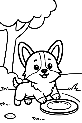 Adorable Corgi Catching a Disc Near Forest Trees Printable