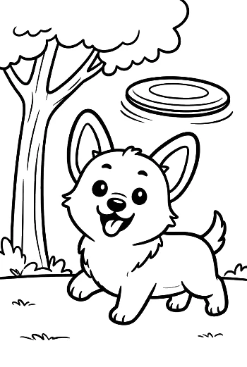 Corgi Puppy Standing in the Woods with a Frisbee Printable
