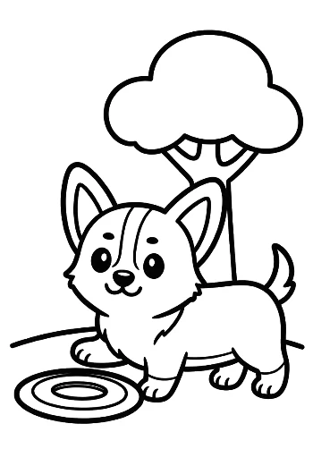 Corgi Puppy Standing Near a Tree with a Frisbee Printable