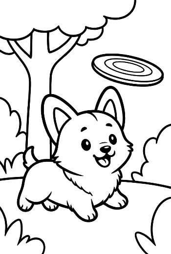 Corgi Puppy Watching a Flying Disc in the Backyard Printable