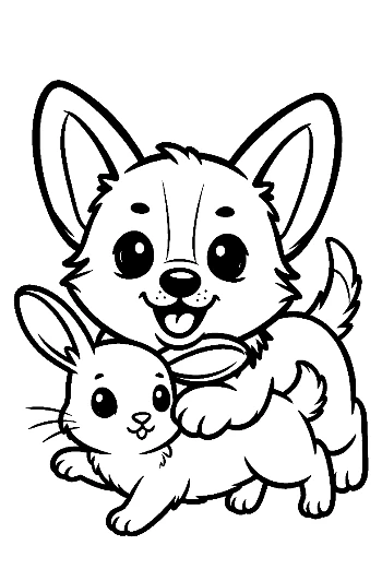 Ein süßer Corgi umarmt ein entzückendes Kaninchen