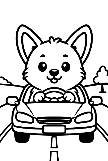 Cute Corgi Puppy Driving a Small Black Car Printable