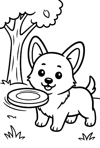 Cute Corgi Puppy with a Frisbee in the Garden Printable