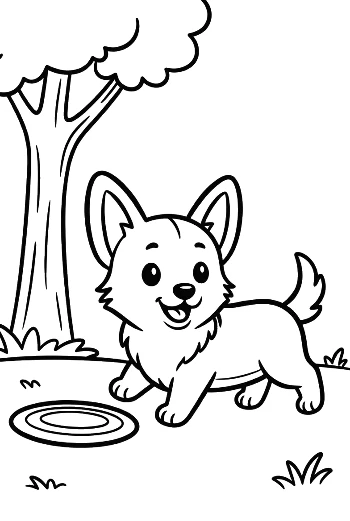 Happy Corgi Dog Playing with a Frisbee Outside Printable