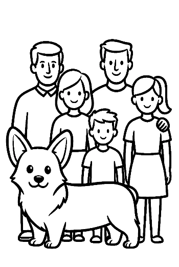 Happy Family Posing with Cute Corgi