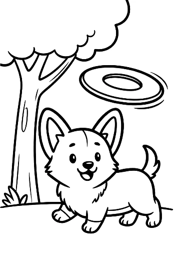 Small Corgi Dog Watching a Flying Saucer Outdoors Printable