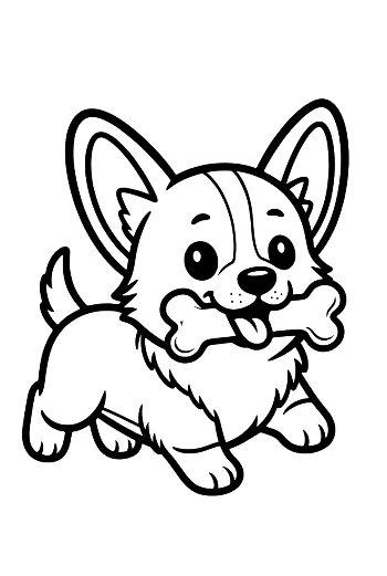 Small Corgi Puppy Carrying a Bone in a Field Printable