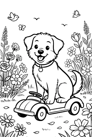 Adorable Puppy Driving a Toy Car in the Garden Printable