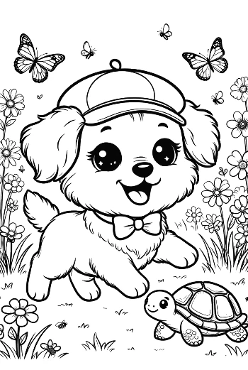 Cute Dog with a Cap Looking at a Small Turtle Printable