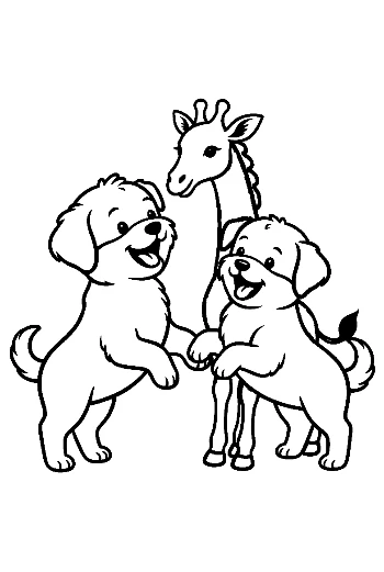 Cute Puppies Hugging Giraffe Outline