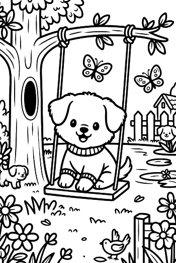Happy Dog Sitting on a Swing Under a Tree Printable