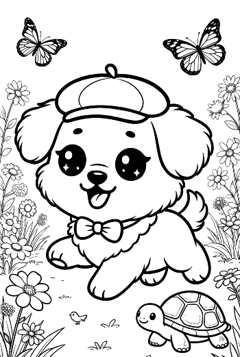 Happy Puppy Wearing a Hat in a Flowery Meadow Printable