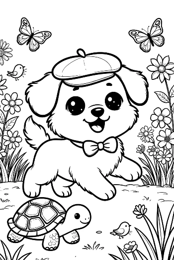 Small Dog with a Cap Walking Beside a Turtle Printable