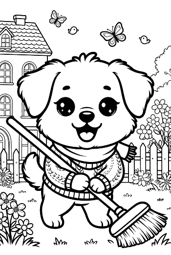 Sweet Dog Holding a Broom in the Autumn Garden Printable