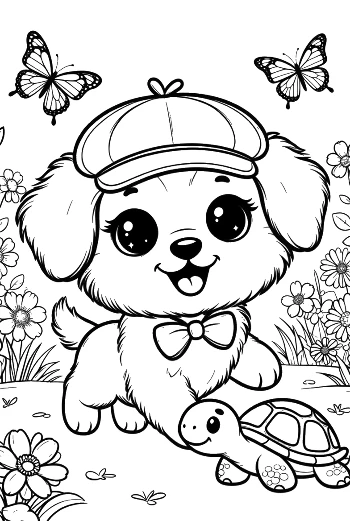 Sweet Puppy Wearing a Hat and Meeting a Turtle Printable