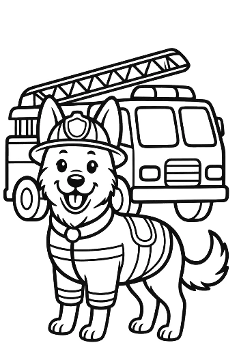 Brave German Shepherd Puppy Standing by a Fire Truck Printable