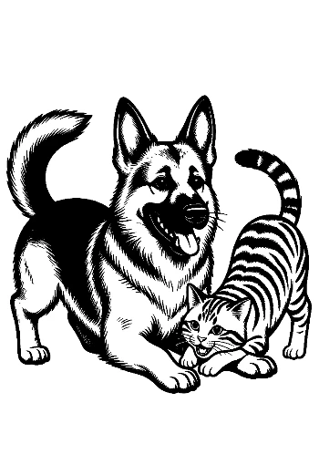 German Shepherd Playing with Tiger Cat