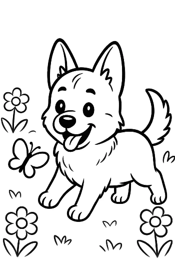 German Shepherd Puppy Exploring a Garden with Butterflies Printable