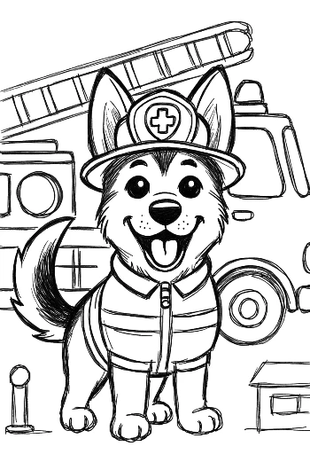 German Shepherd Puppy Firefighter in Front of a Station Printable