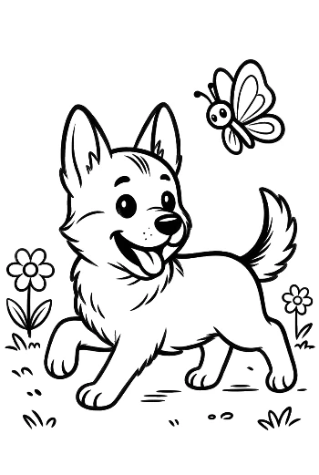 Deutscher Schäferhund Welpe beobachtet Schmetterling auf der Wiese Druckbar