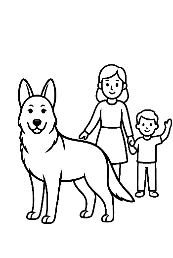 German Shepherd with Mom and Waving Boy