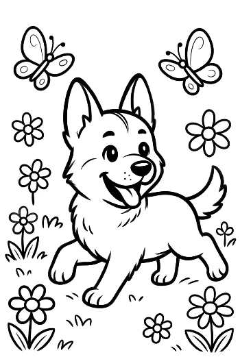 Happy German Shepherd Puppy Meeting a Butterfly Friend Printable
