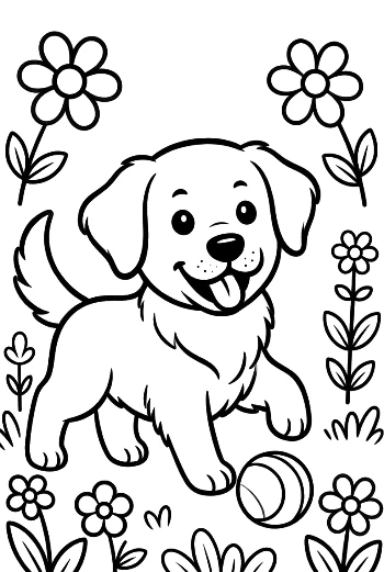 Golden Retriever Puppy Sitting Among Blooming Garden Flowers Printable