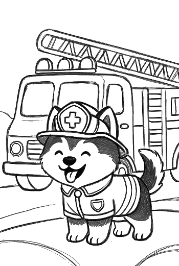 Adorable Husky Puppy in a Fireman Outfit Standing by a Fire Engine Line Art Printable