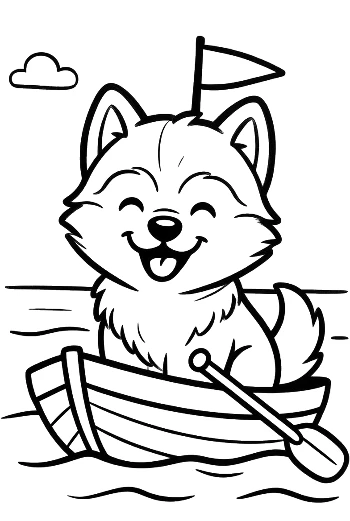 Adventurous Husky Puppy in a Boat on a Sunny Day Puppy Travel Coloring Printable
