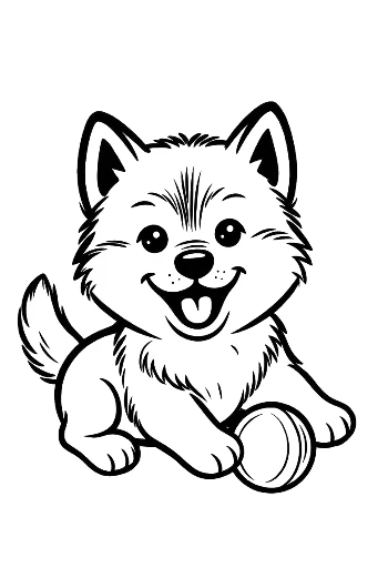 Nysgjerrig husky-valp ser på ball søt tamdyr strekktregning utskrivbar