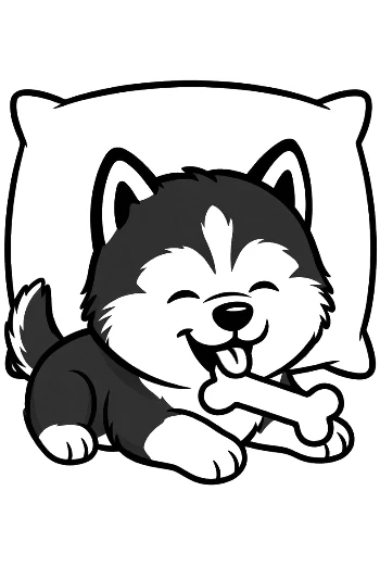 Fluffy Husky Puppy Sleeping Soundly on a Bed Adorable Animal Coloring Page Printable