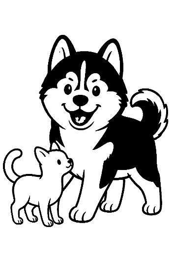 Happy Husky Puppy and Kitten Friends