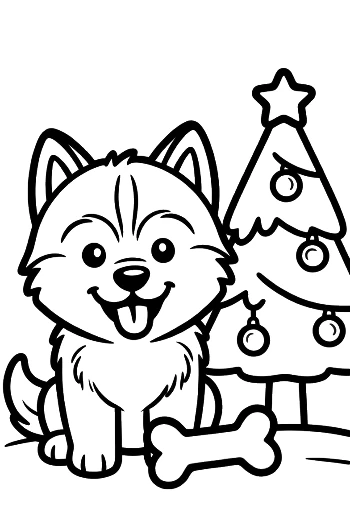 Happy Husky Puppy with a Bone and Christmas Tree Festive Animal Coloring Printable