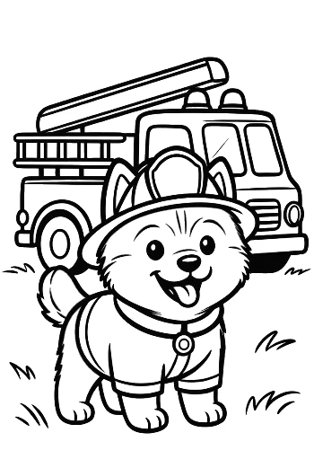 Husky Puppy Dressed as a Brave Firefighter with Fire Truck Coloring Page for Kids Printable