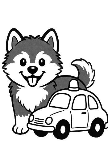 Husky Puppy Guarding a Small Police Car in the Garden Pet Coloring Activity Printable