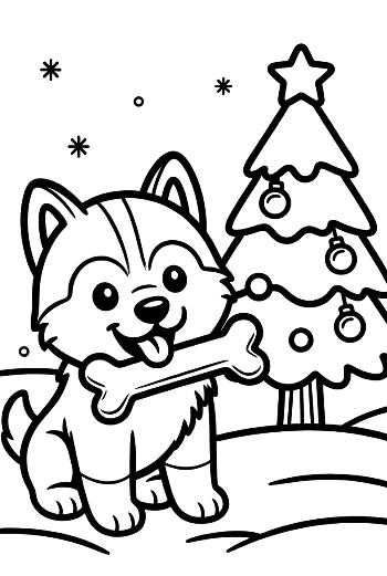 Husky Puppy Holding a Bone Near a Christmas Tree Merry Puppy Coloring Art Printable