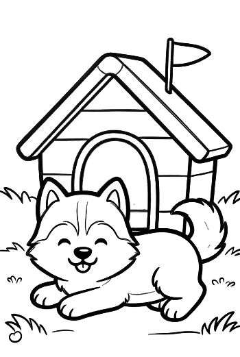 Husky Puppy Lying Down in Front of Its Wooden Kennel Home Pet Line Art Printable