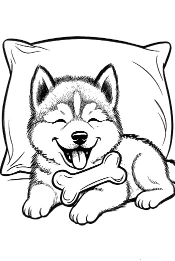 Husky valp liggende på pute for lur avslappende valp fargeleggingsside utskrivbar