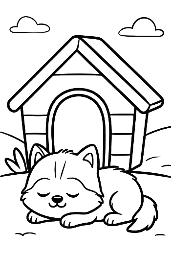 Husky Puppy Resting Near Its House in the Yard Simple Dog Coloring Sheet Printable