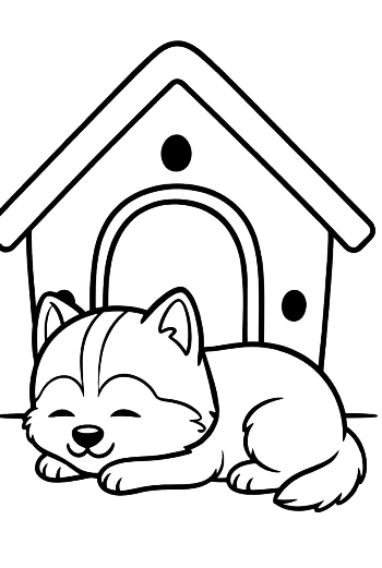 Husky Puppy Sleeping Peacefully Inside Its Doghouse Cozy Pet Coloring Page Printable