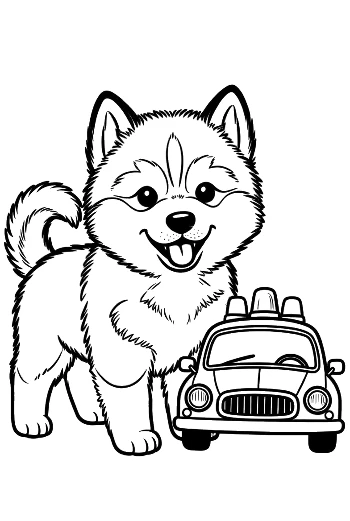 Husky Puppy Standing by a Tiny Police Cruiser Adorable Puppy Coloring Page Printable