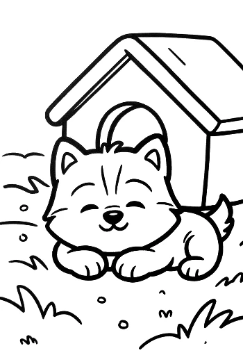 Husky Puppy Taking a Nap by Its Pet Shelter Adorable Animal Coloring Printable