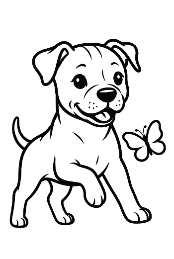 Curious Pitbull Puppy Playing with Two Butterflies Adorable Animal Line Art Printable