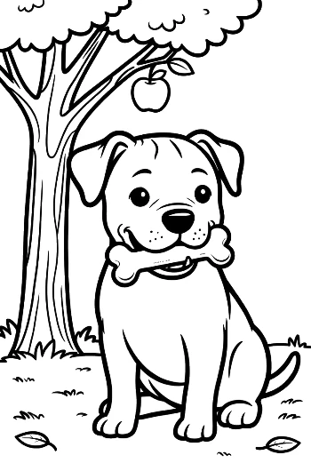 Cute Pitbull Puppy Sitting Under an Apple Tree with a Bone Coloring Page for Kids Printable